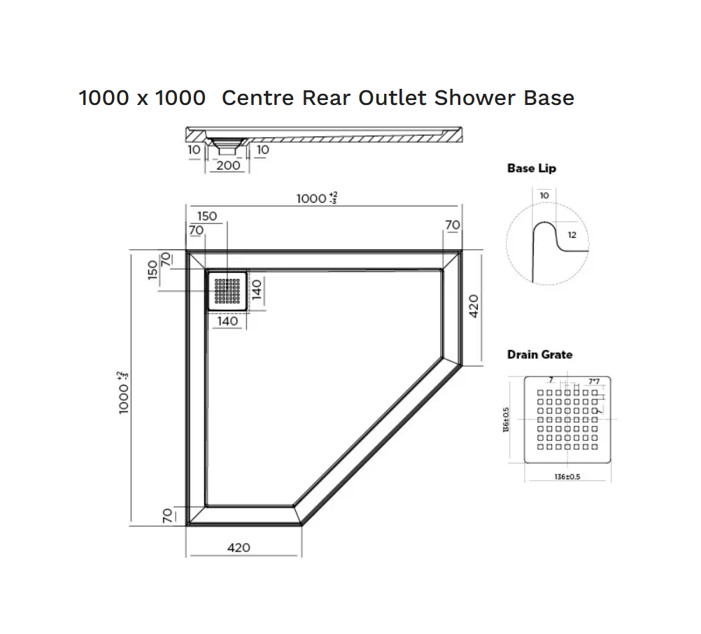 1000 x 1000 Angle Corner Rear Outlet Shower Base