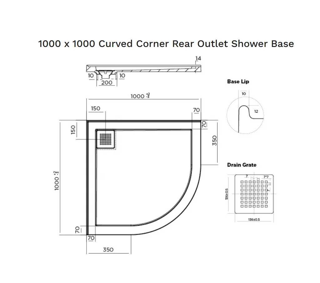 1000 x 1000 Curved Corner Rear Outlet Shower Base