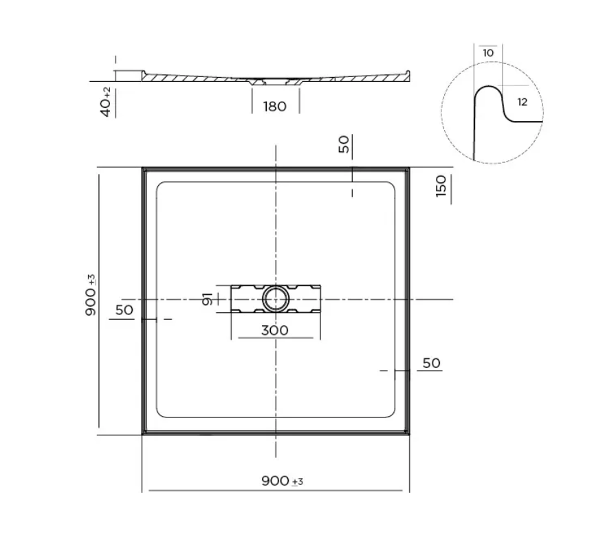 900 x 900 POLYMARBLE Centre Outlet Shower BaseOutlet Shower Base