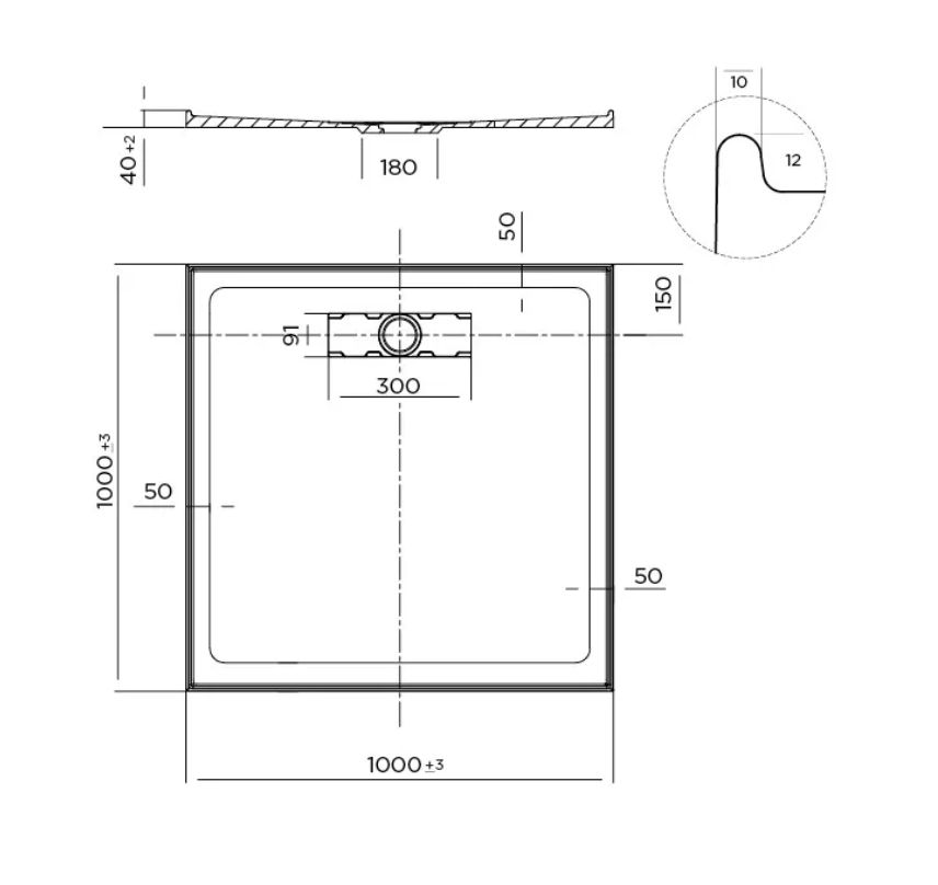 1000 x 1000 POLYMARBLE Rear Outlet Shower Base