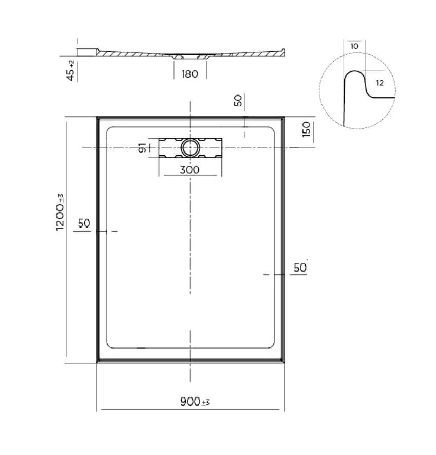 900 x 1200 POLYMARBLE Rear Outlet Shower Base