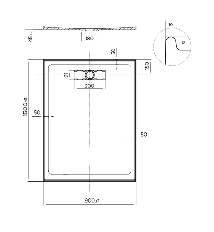 900 x 1500 POLYMARBLE Rear Outlet Shower Base