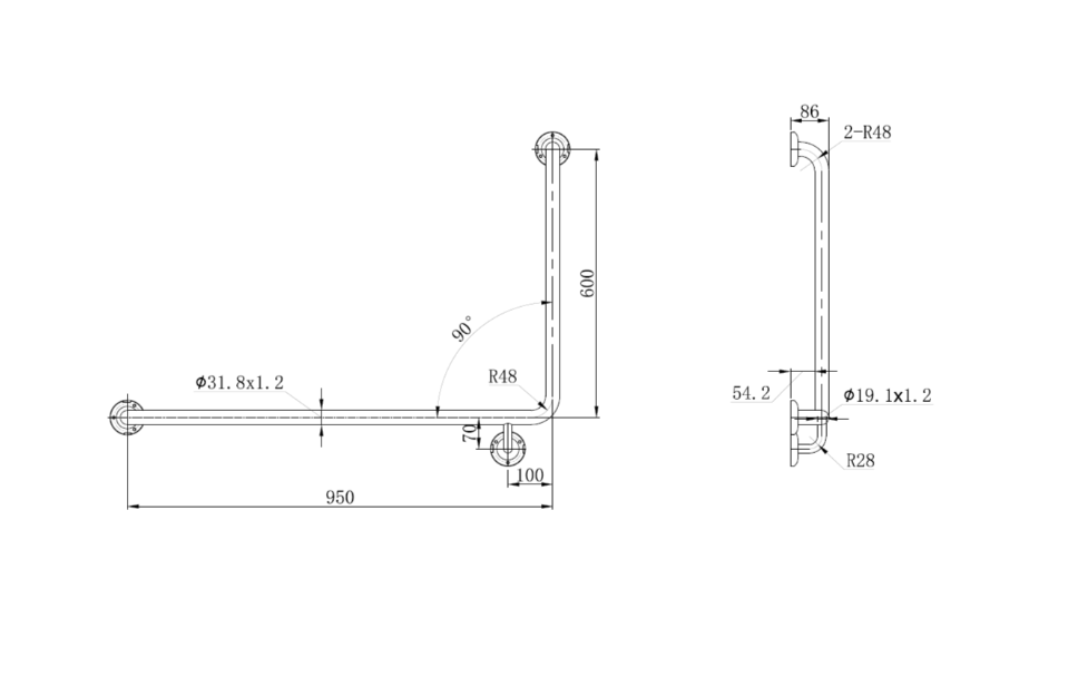 MOBI CARE 950x600mm Grab Rail LEFT HAND