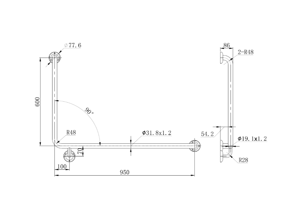 MOBI CARE 950x600mm Grab Rail RIGHT HAND