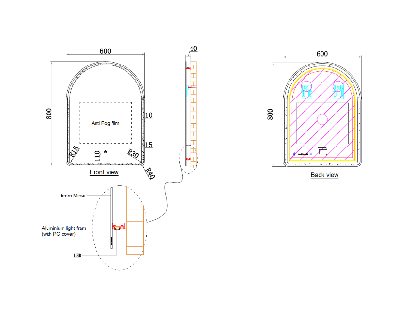 600 x 800mm ECLIPSE Arch LED Mirror