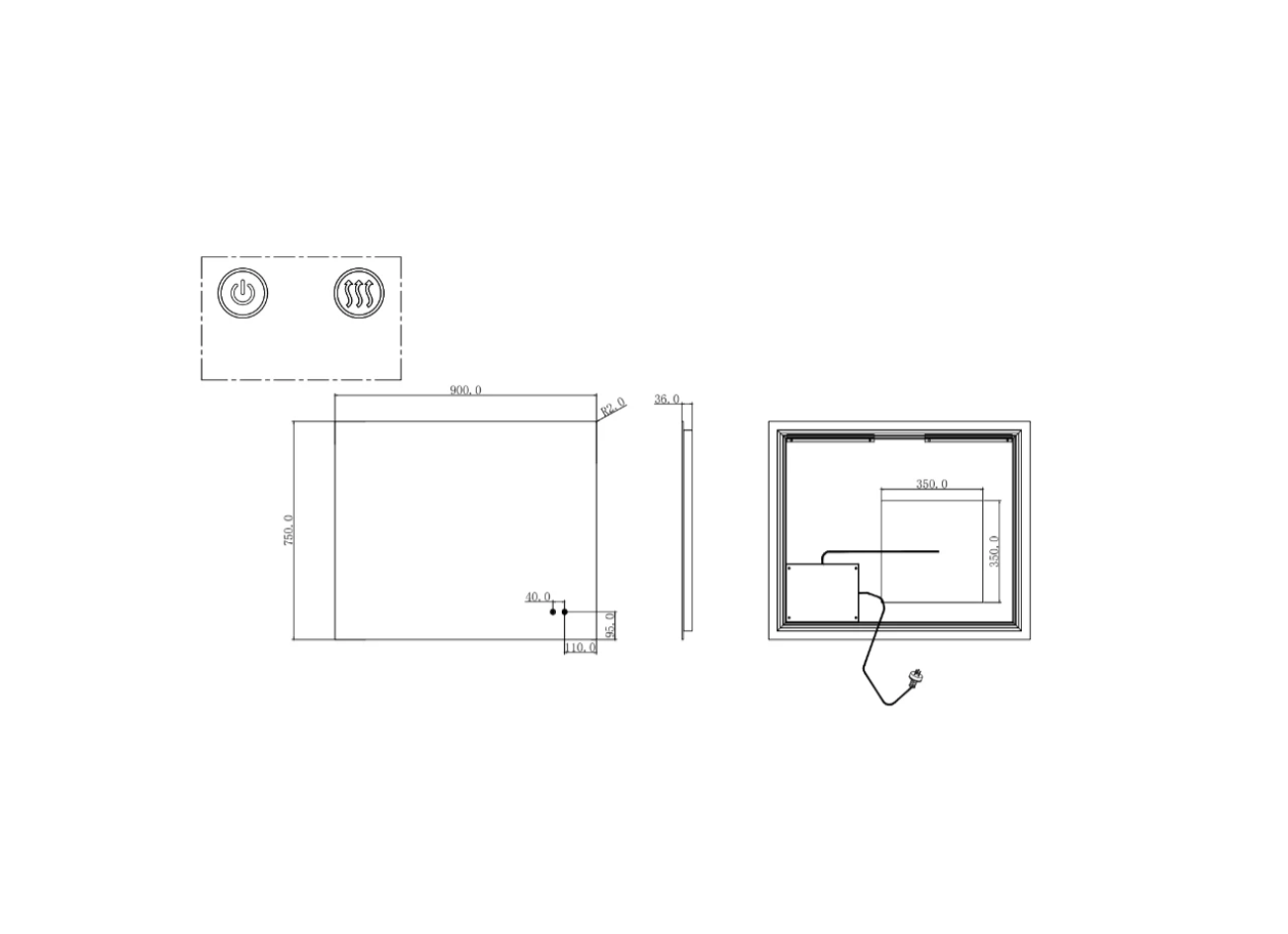 900*750mm Sharp Edge 3 Color Lighting Backlit LED Mirror Touch Sensor