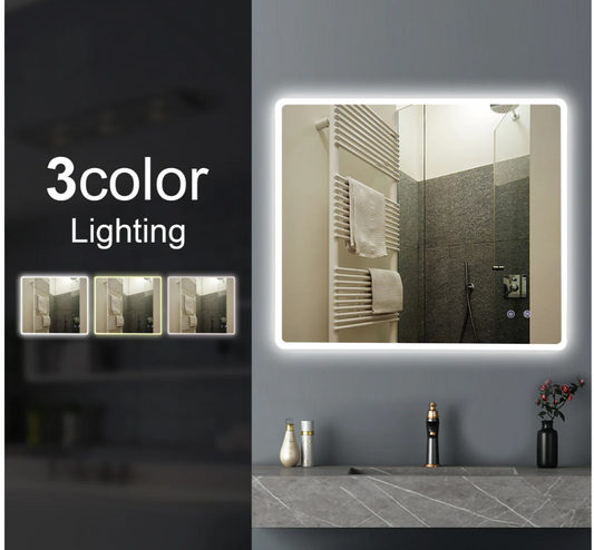 900x750mm Curved Rim Rectangle 3 Color Lighting LED Mirror Touch Sensor Switch