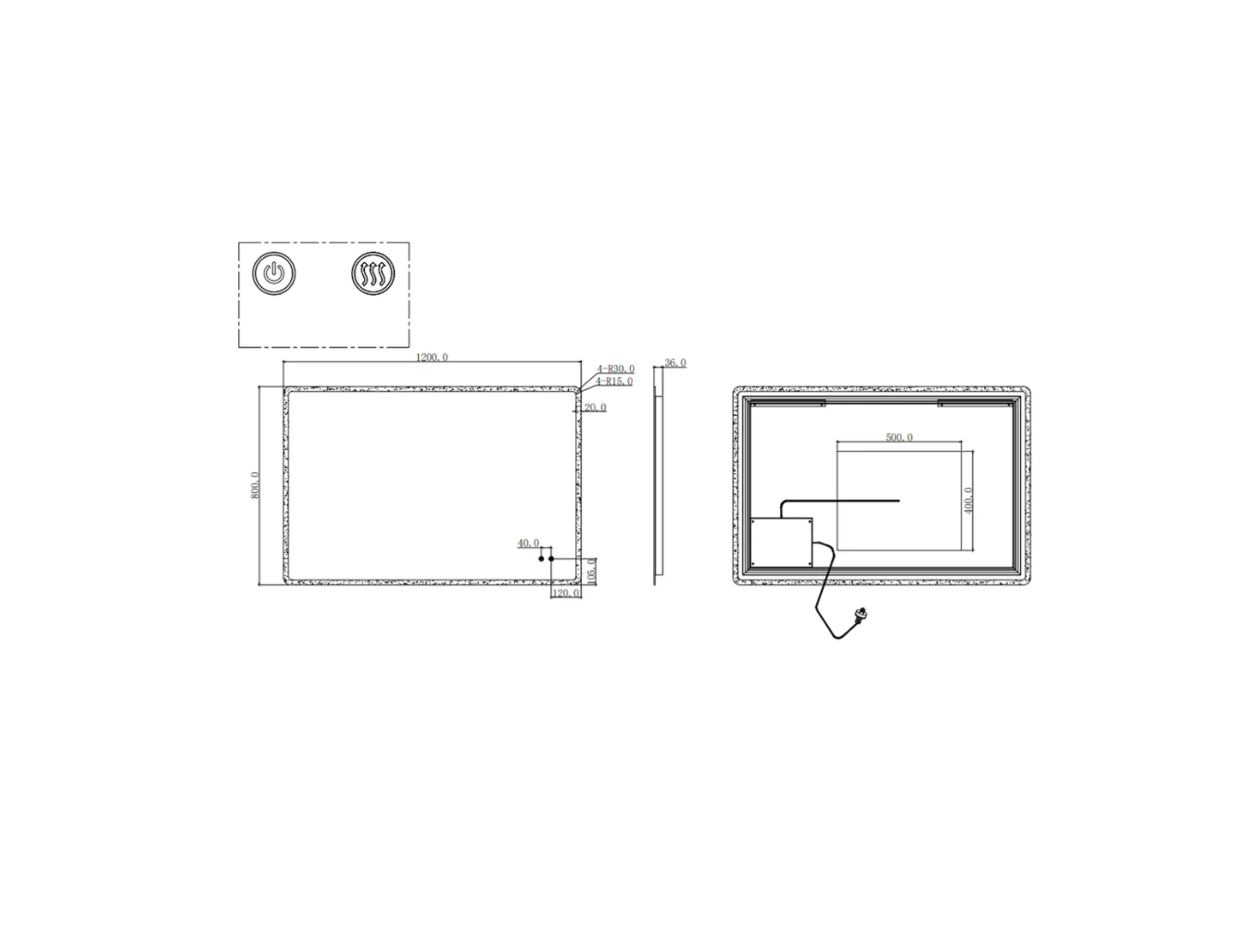 1200x800mm Curved Rim Rectangle 3 Color Lighting LED Mirror Touch Sensor Switch