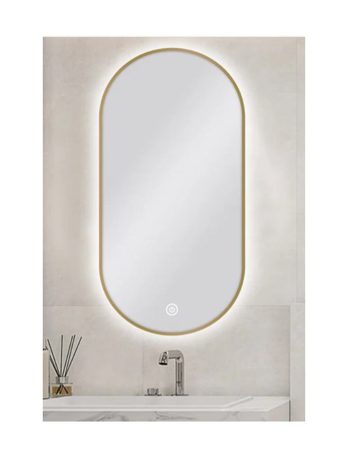 450 X 900MM PILL SHAPE GOLD FRAMED CARYSIL LED MIRROR