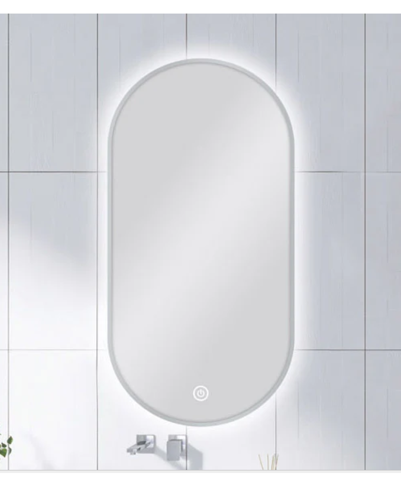 450 X 900MM PILL SHAPE BRUSHED NICKEL FRAMED CARYSIL LED MIRROR