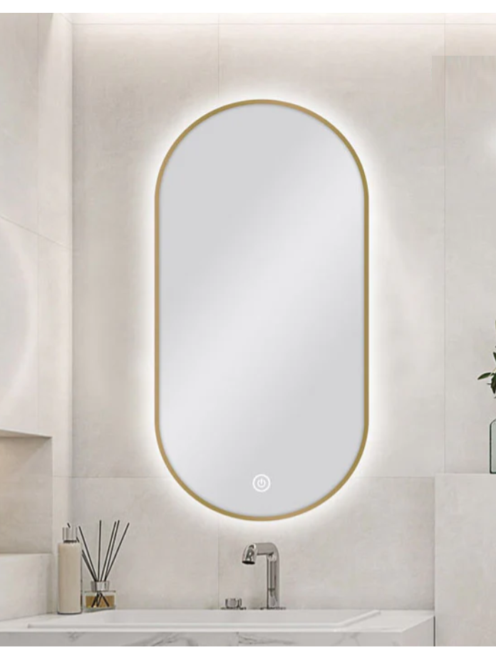 450 X 900MM PILL SHAPE GOLD FRAMED CARYSIL LED MIRROR