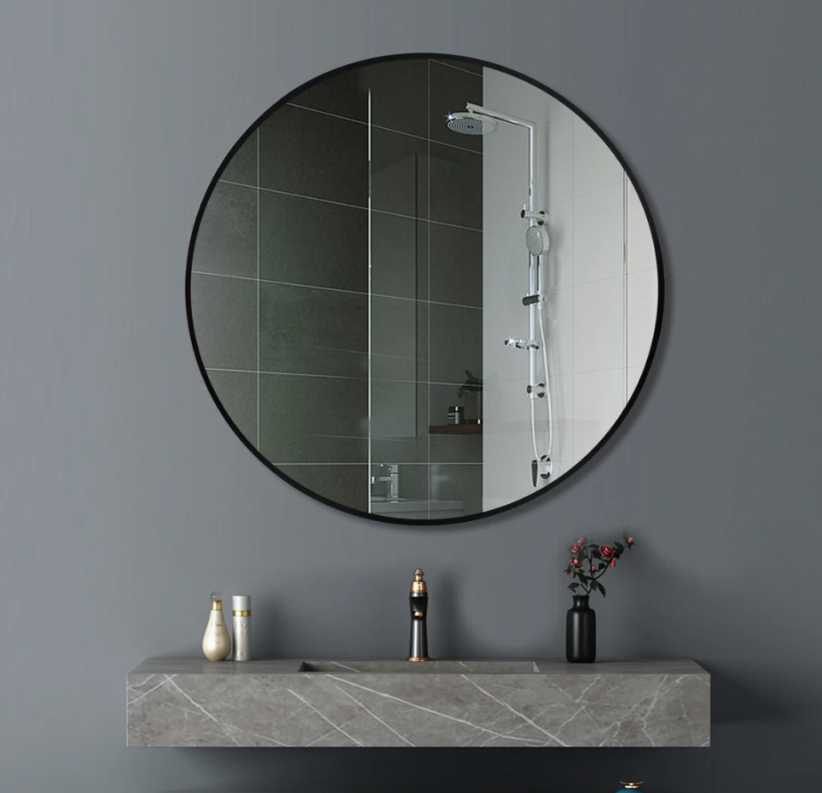 600*40mm Round Black Aluminium Wall Mirror
