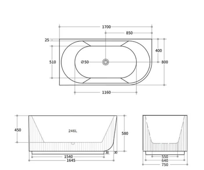 Matte Black Left Hand Corner Fluted 1700mm Bath