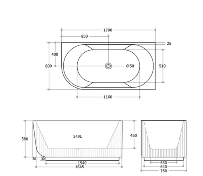 Matte Black Right Hand Corner Fluted 1700mm Bath