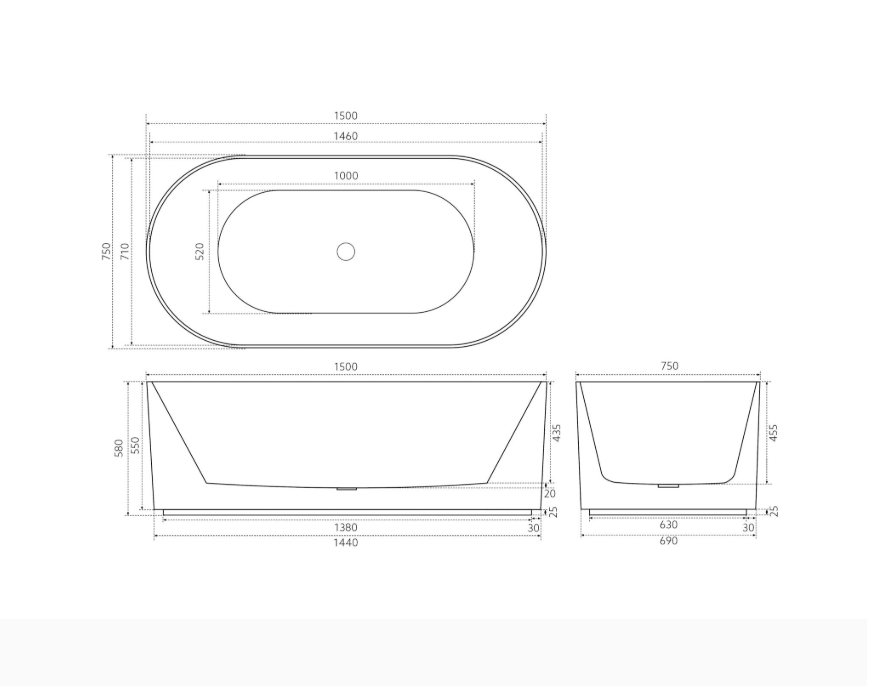 Matte Black Oval Fluted 1500 Freestanding Bath