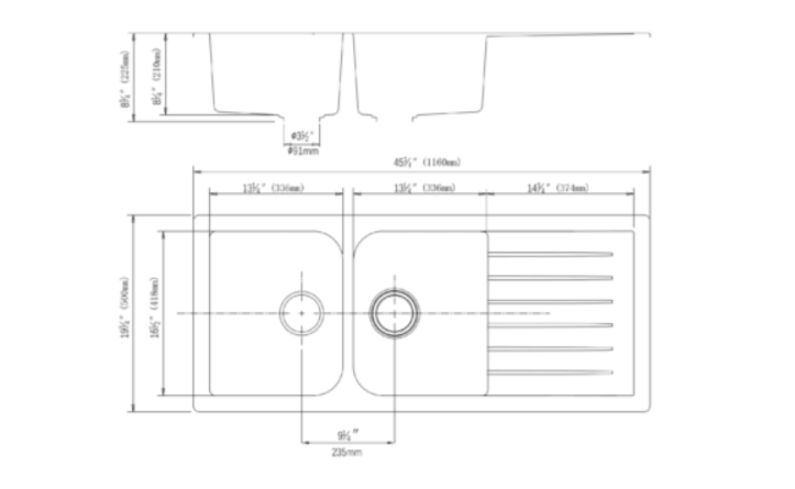 Quartz Top-mount Kitchen Sink Double Bowl & Drainer Matte Black 1160x500mm
