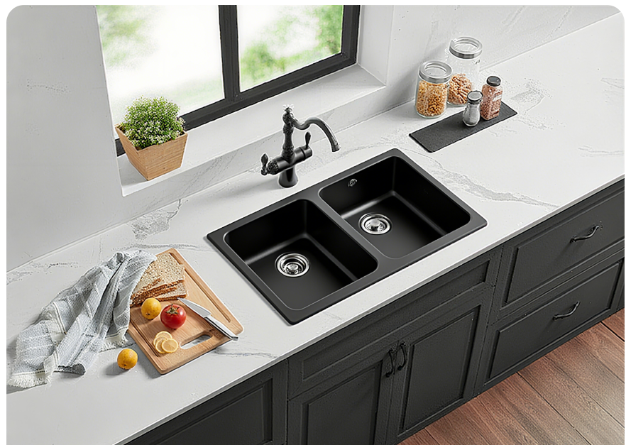Quartz Top-mount Kitchen Sink 860*500*216mm Matte Black