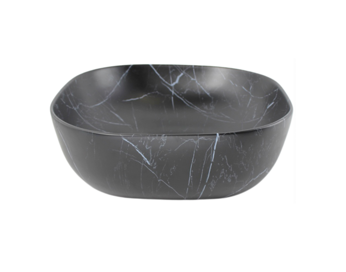 425*425*145 FEATHER EDGE SQUARE CURVE BLACK WHITE VEIN MATTE BASIN