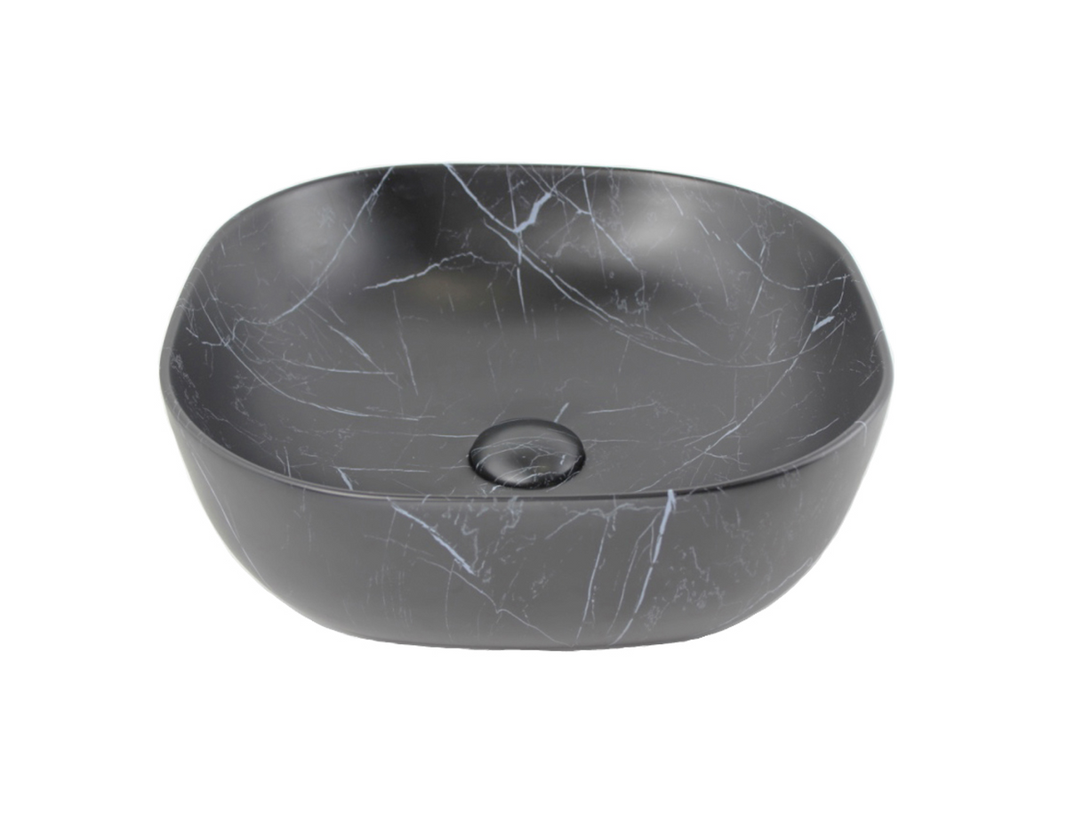 425*425*145 FEATHER EDGE SQUARE CURVE BLACK WHITE VEIN MATTE BASIN