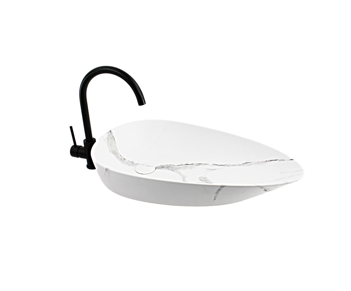 650*390*135 FEATHER EDGE TEAR DROP EGG LARGE WHITE & GREY VEIN MATTE BASIN