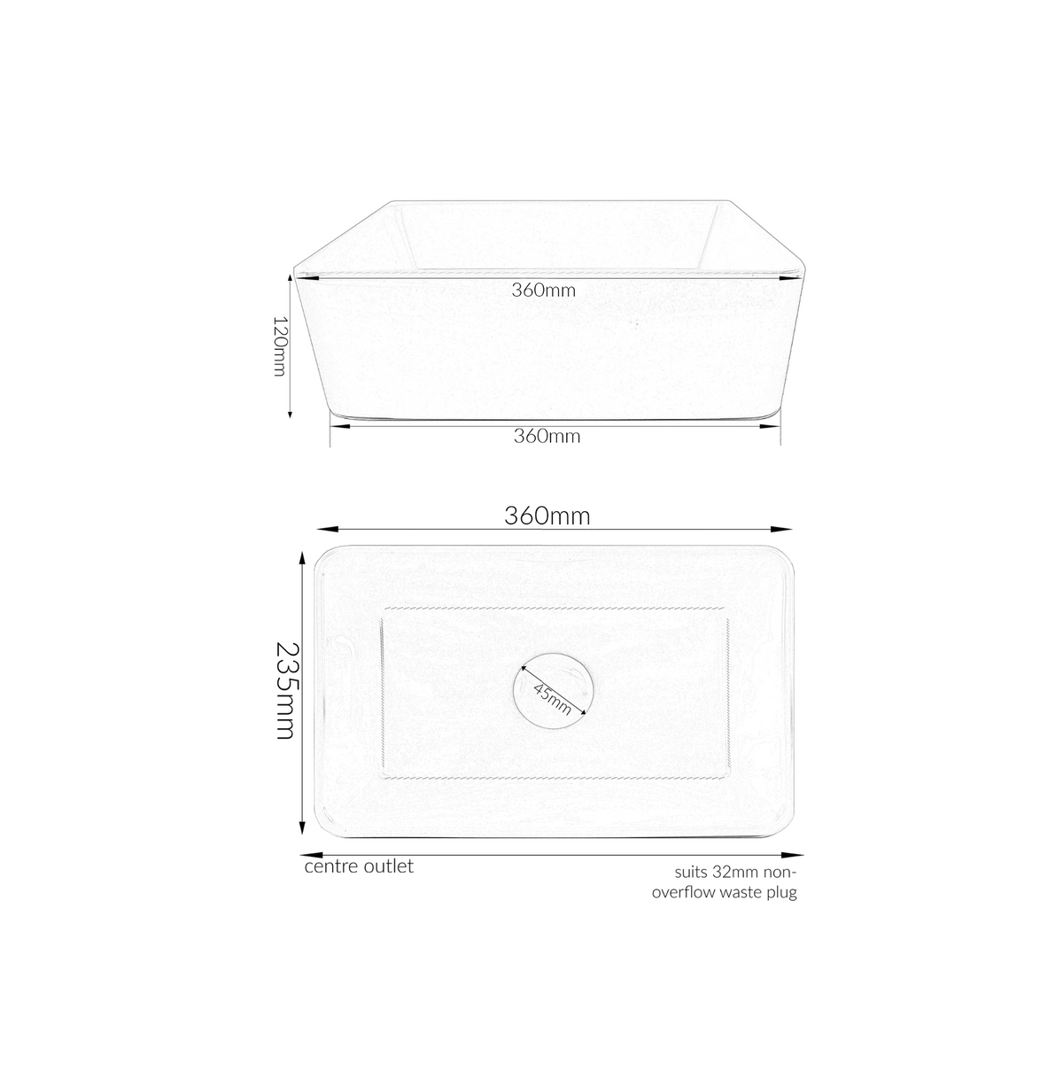 360*235*120 FEATHER EDGE ULTRA WHITE GLOSS COMPACT RECTANGLE BASIN