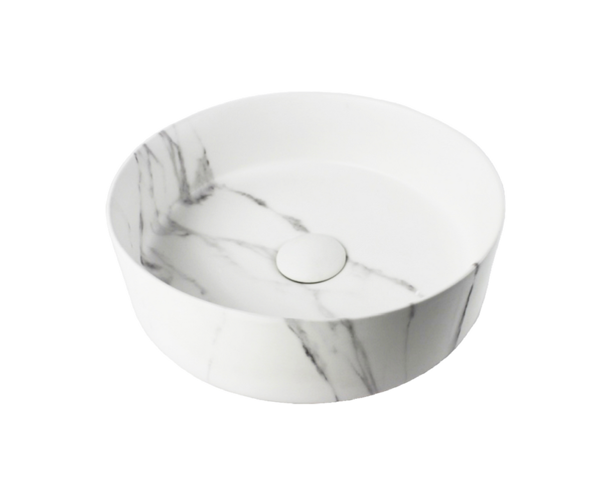 365*365*125 KHEUB FEATHER EDGE ROUND WHITE & GREY VEIN MATTE BASIN