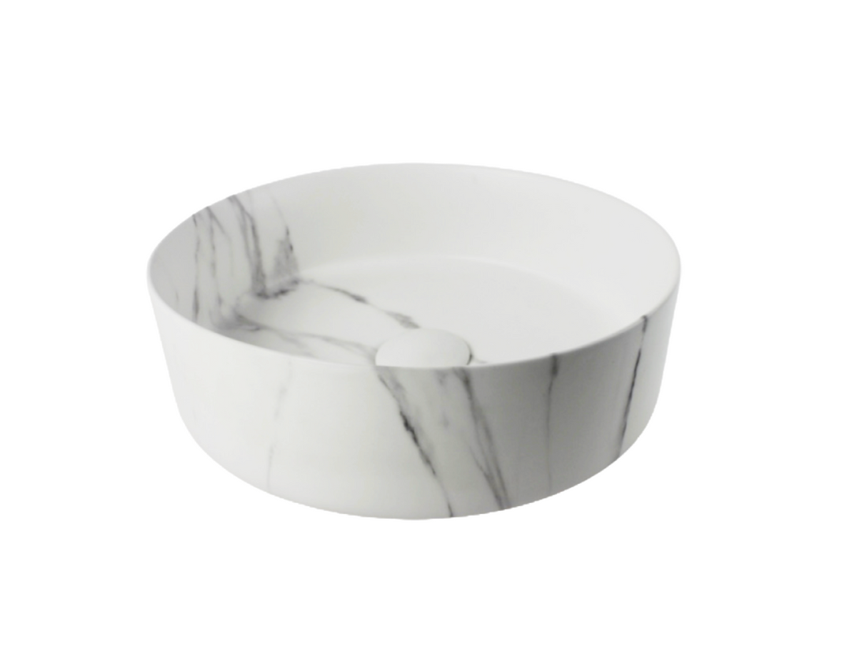 365*365*125 KHEUB FEATHER EDGE ROUND WHITE & GREY VEIN MATTE BASIN