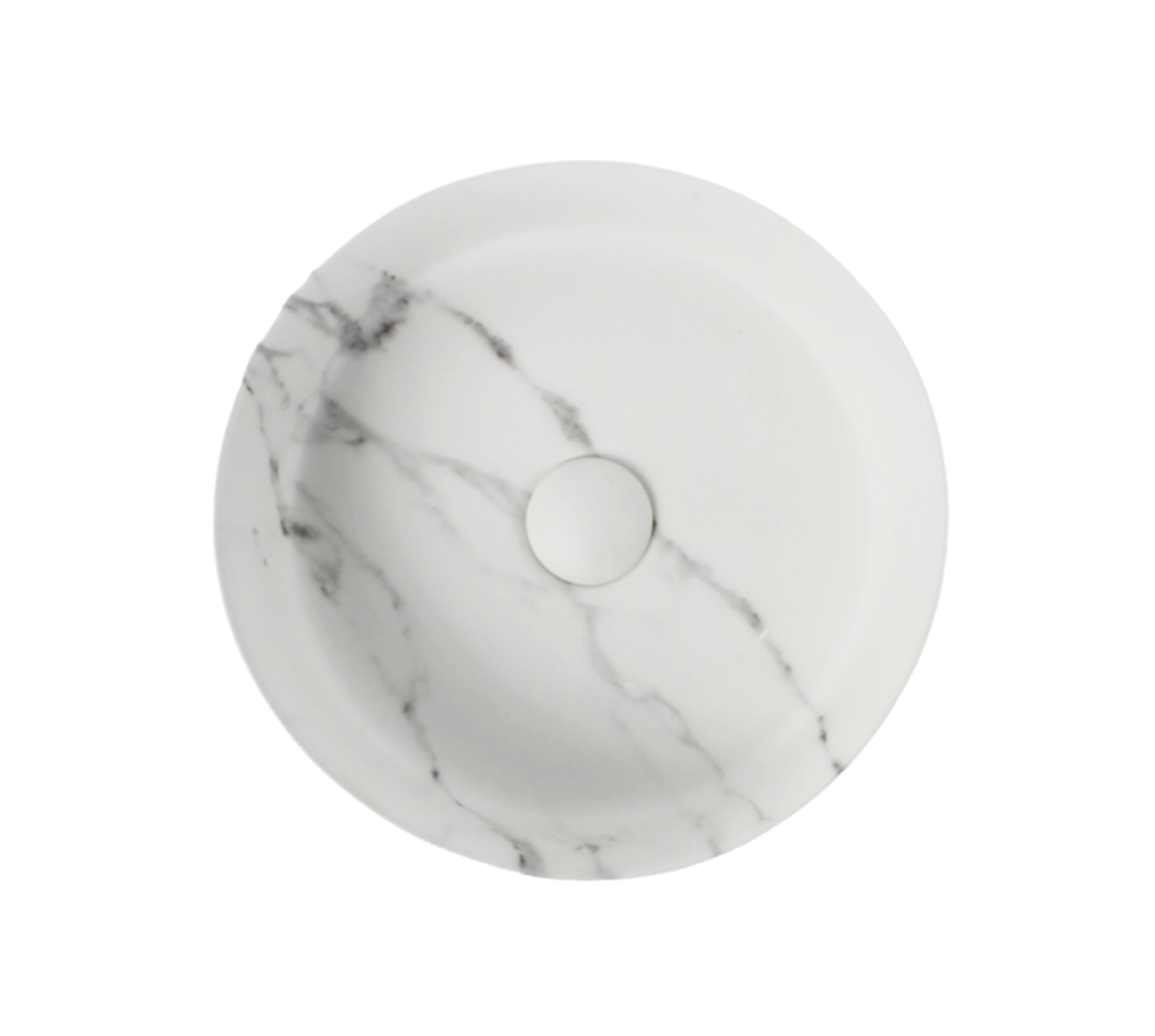 365*365*125 KHEUB FEATHER EDGE ROUND WHITE & GREY VEIN MATTE BASIN
