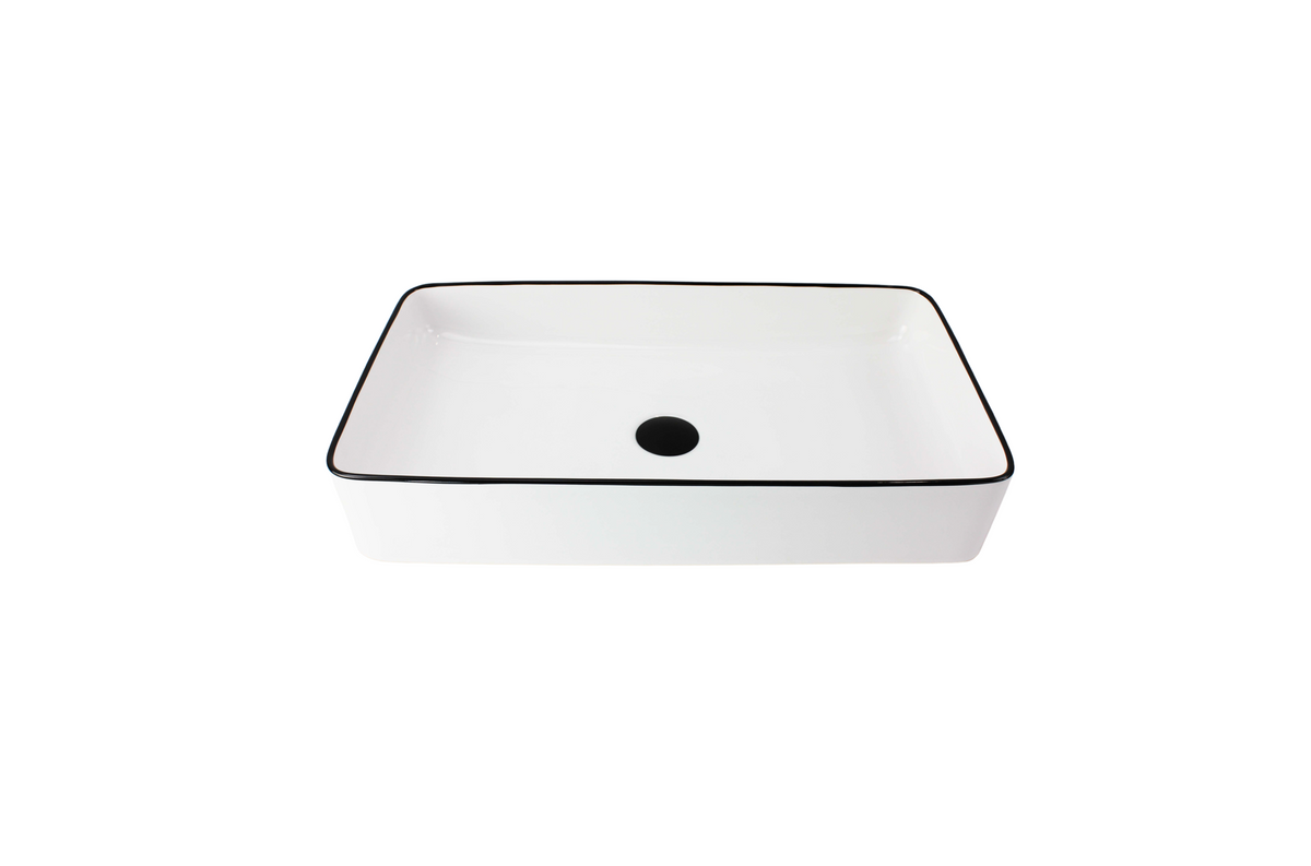 610*335*110 KHEUB HAMPTONS RECTANGLE LARGE BLACK TRIM WHITE GLOSS CERAMIC BASIN