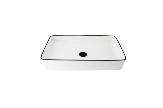 610*335*110 KHEUB HAMPTONS RECTANGLE LARGE BLACK TRIM WHITE GLOSS CERAMIC BASIN