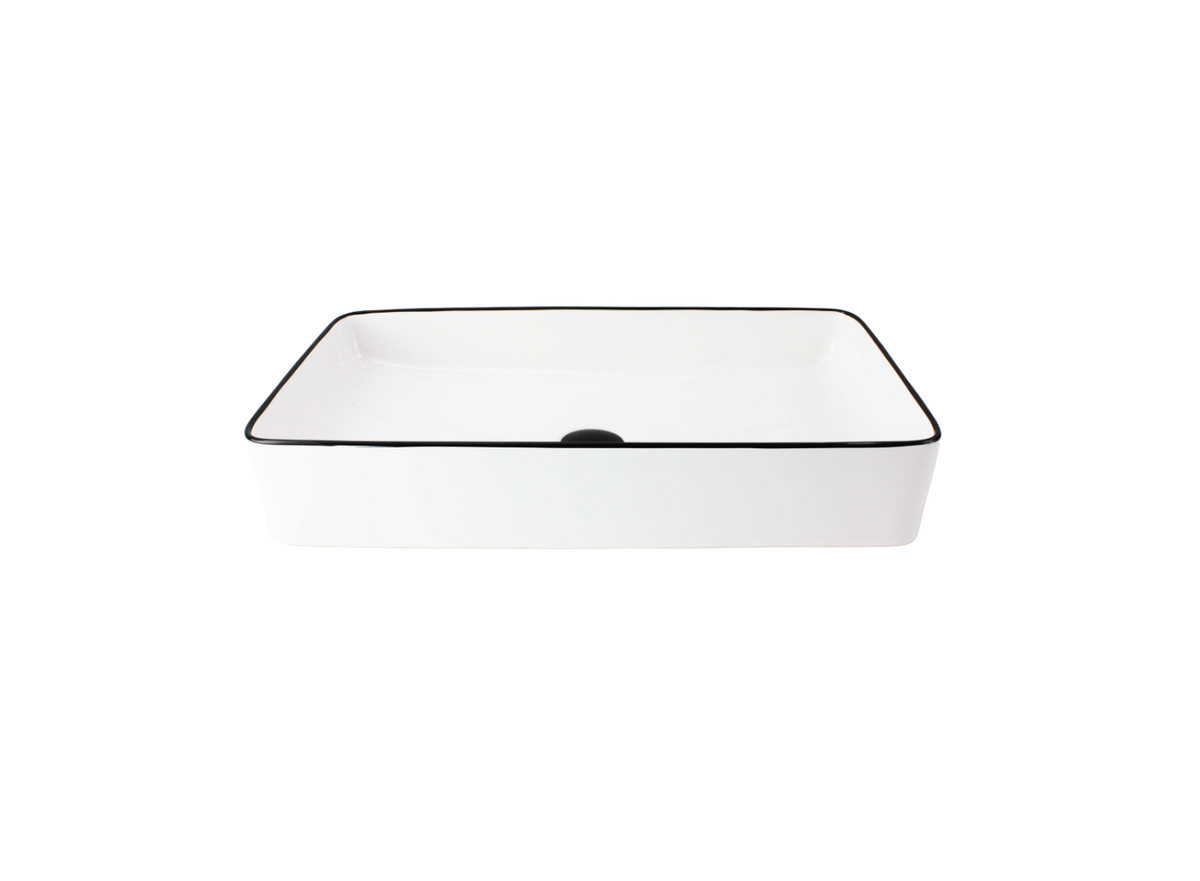 610*335*110 KHEUB HAMPTONS RECTANGLE LARGE BLACK TRIM WHITE GLOSS CERAMIC BASIN