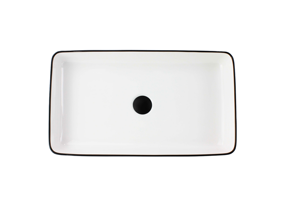 610*335*110 KHEUB HAMPTONS RECTANGLE LARGE BLACK TRIM WHITE GLOSS CERAMIC BASIN