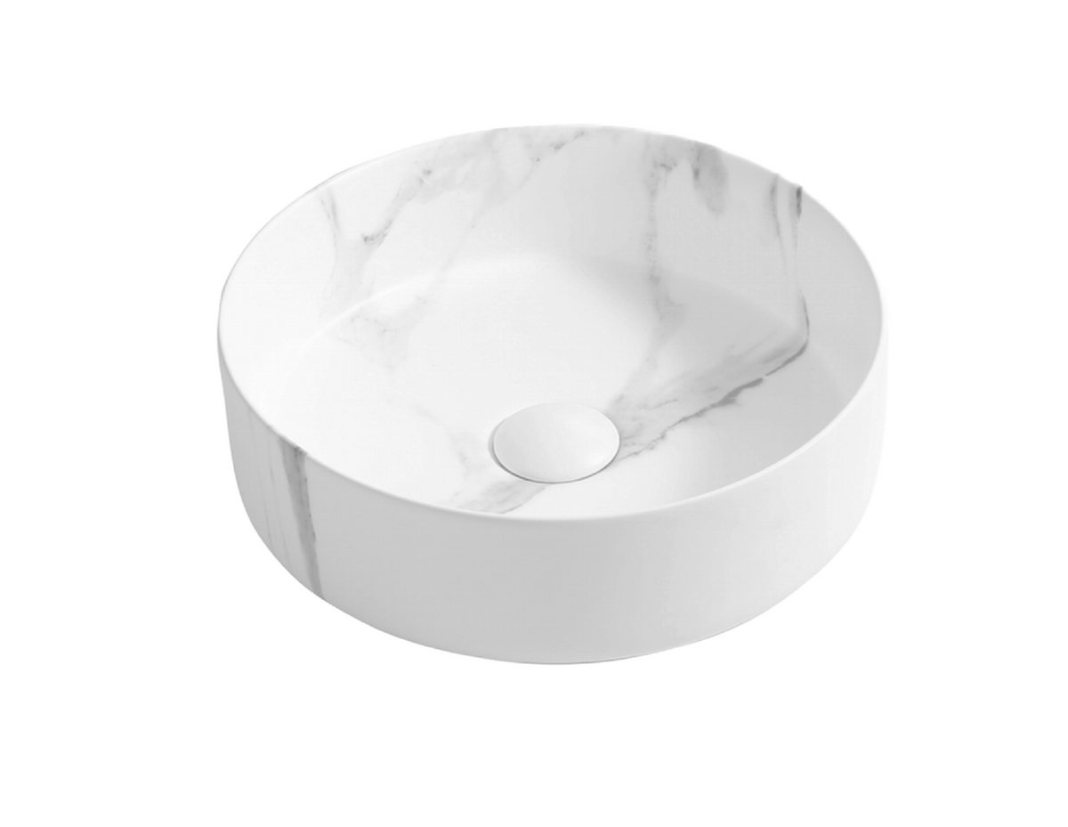 400*400*125 KHEUB FEATHER EDGE ROUND WHITE & GREY VEIN MATTE BASIN