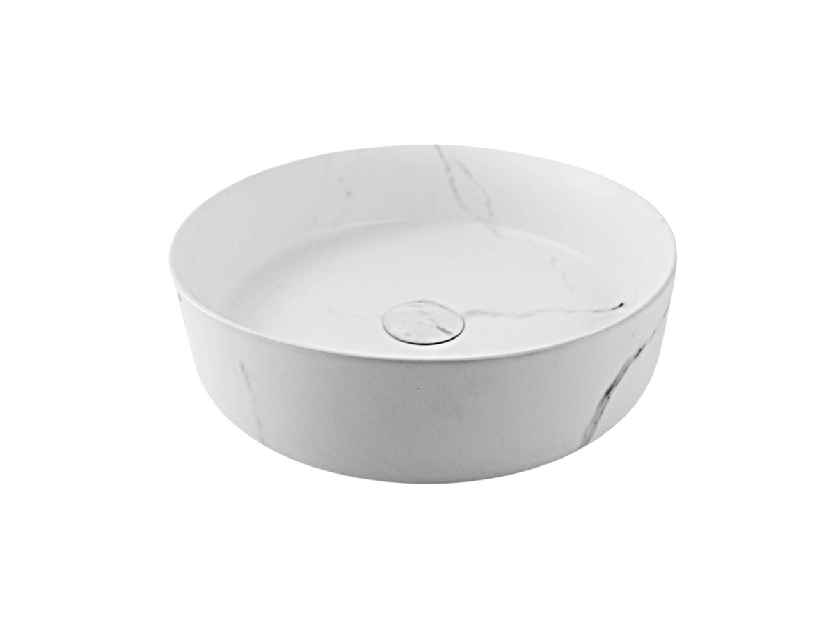 400*400*125 KHEUB FEATHER EDGE ROUND WHITE & GREY VEIN MATTE BASIN