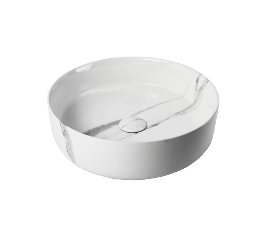 400*400*125 KHEUB FEATHER EDGE ROUND WHITE & GREY VEIN GLOSS MEDIUM BASIN