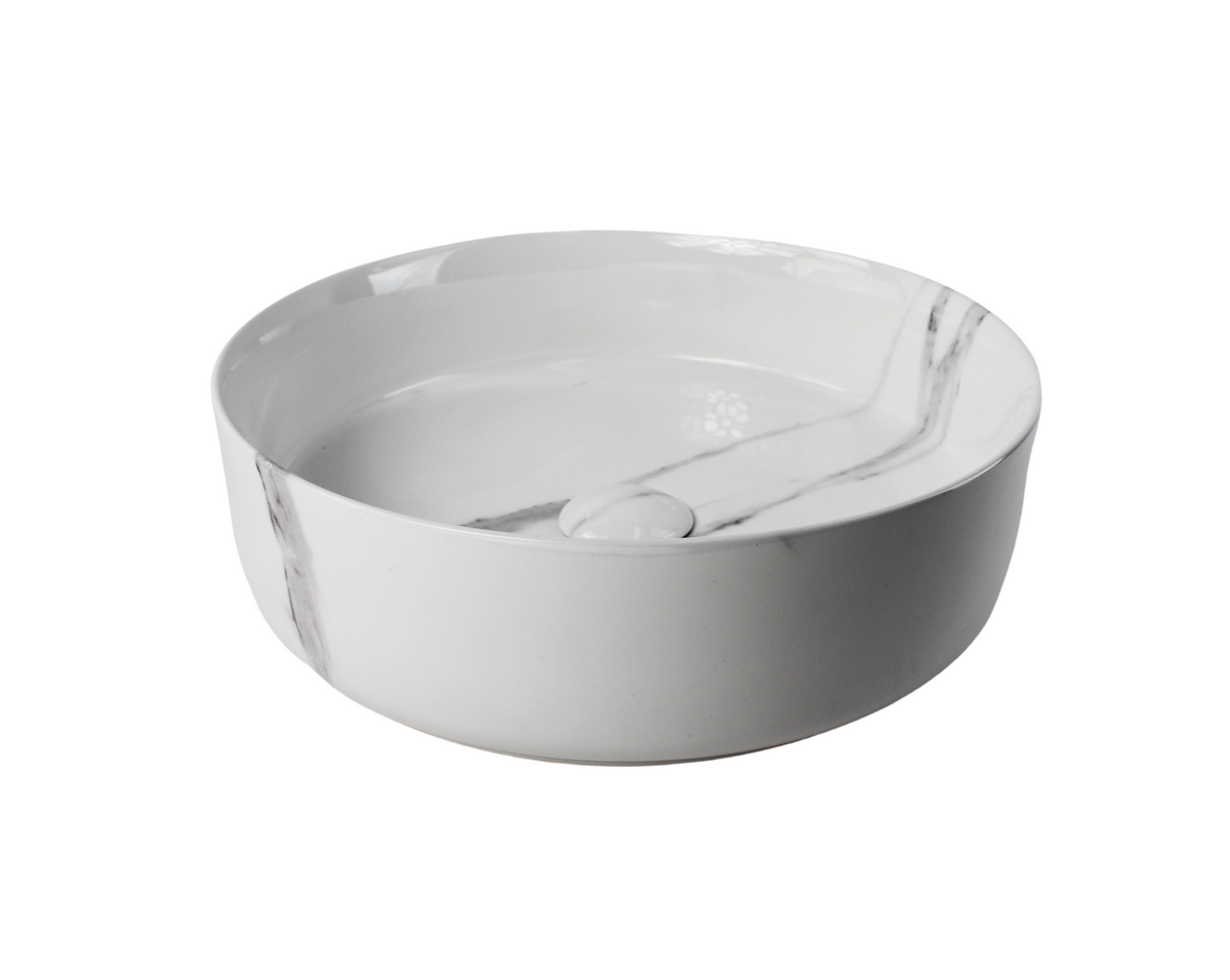 400*400*125 KHEUB FEATHER EDGE ROUND WHITE & GREY VEIN GLOSS MEDIUM BASIN