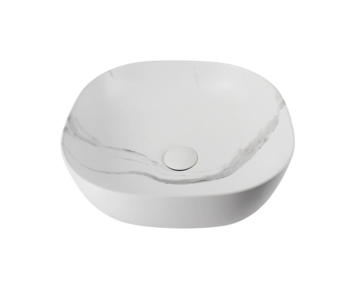 425*425*145 KHEUB FEATHER EDGE SQUARE CURVE WHITE & GREY VEIN MATTE BASIN