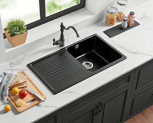 Quartz Stone Single Bowl & Drainer 860x500x216mm Matte Black