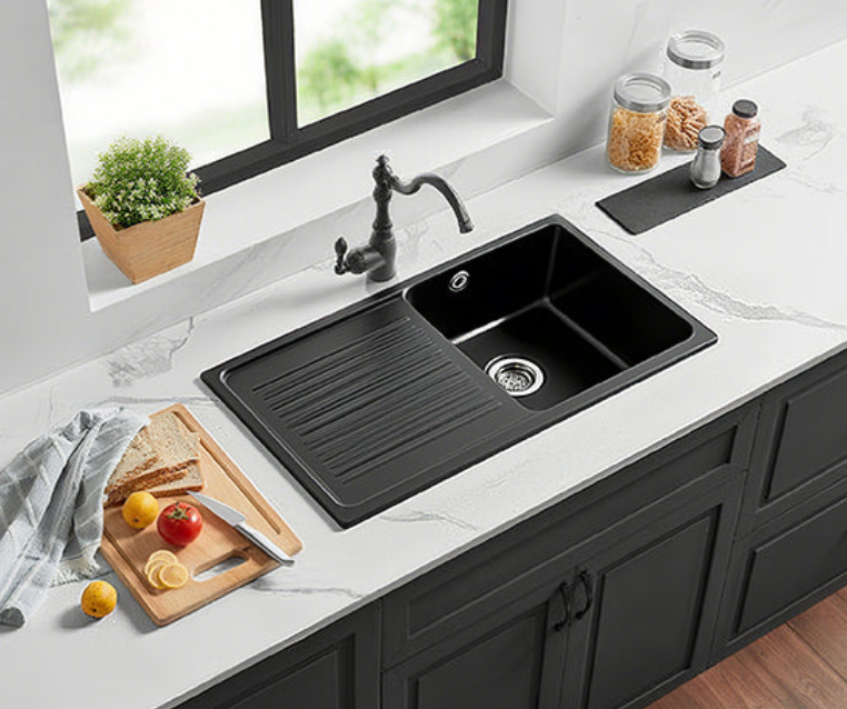 Quartz Stone Single Bowl & Drainer 860x500x216mm Matte Black