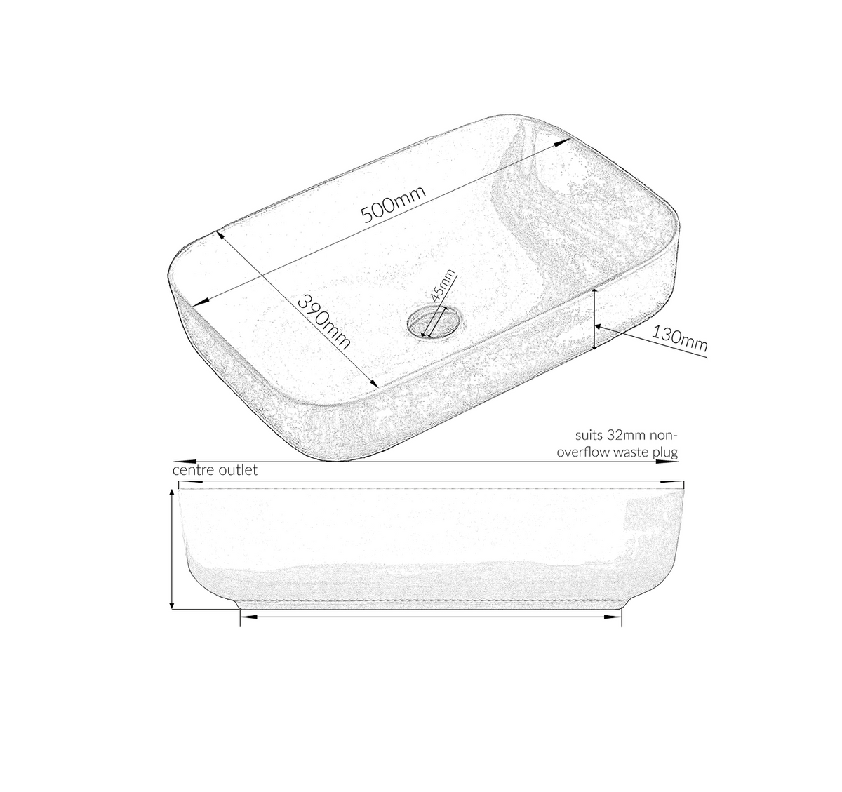 500*390*130 KHEUB Feather Edge Rectangle White Gloss Vanity Basin - Lip Base