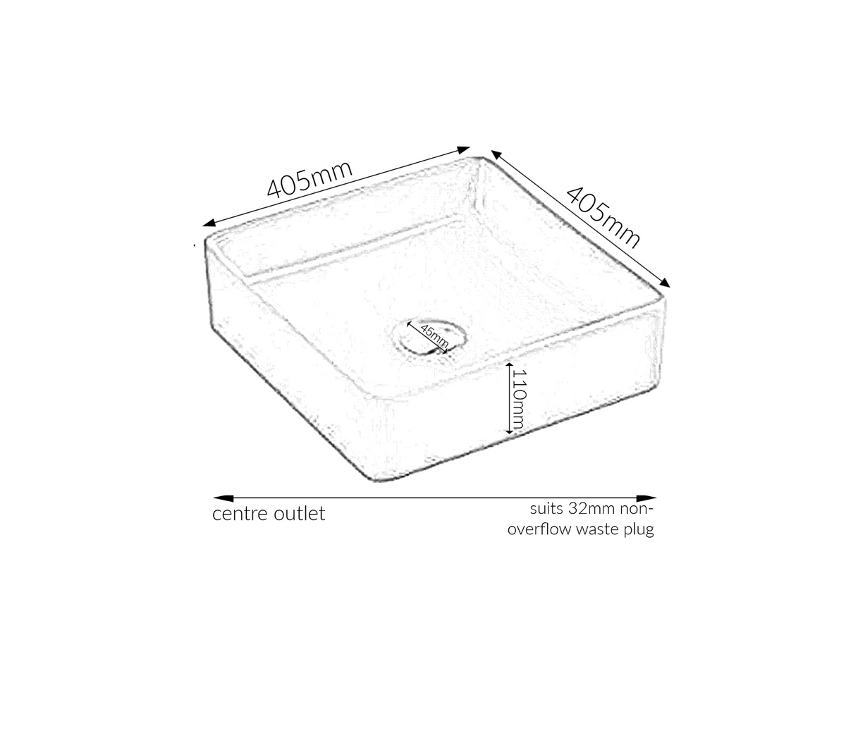 405*405*110 KHEUB Feather Edge Square Low Line White Gloss Ceramic Basin