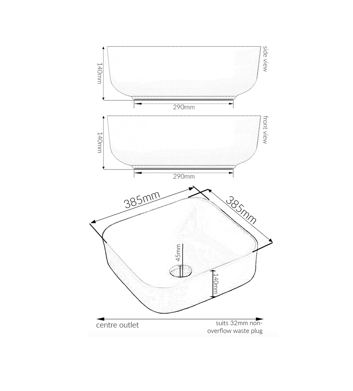 385*385*140 KHEUB Feather Edge Square Curve White Gloss Countertop Vanity Basin