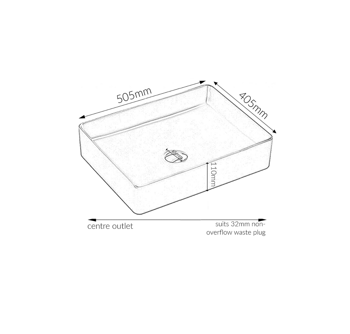 505*405*110 KHEUB Feather Edge Rectangle Large Low Line Ceramic Vanity Basin