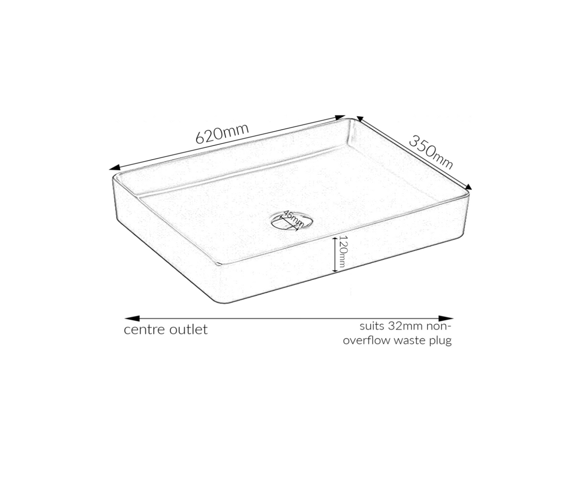 620*350*120 KHEUB Rectangle Feather Edge Low Profile White Gloss Ceramic Vanity Basin