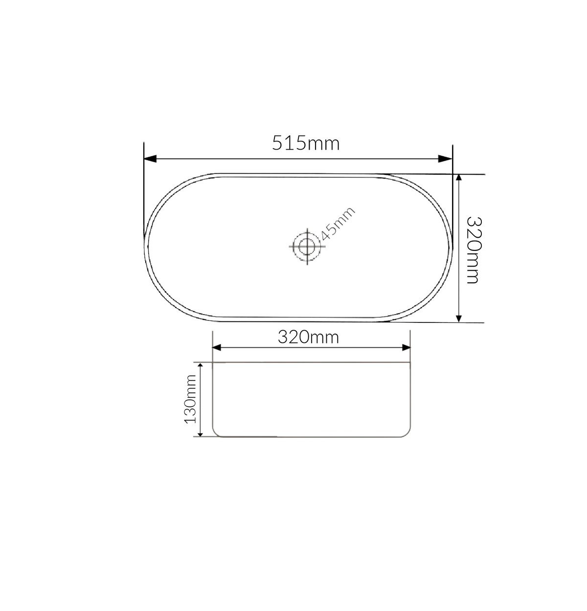 515*320*130 KROHLI OVAL RECTANGLE DOWN STRAIGHT WHITE GLOSS COUNTER BASIN