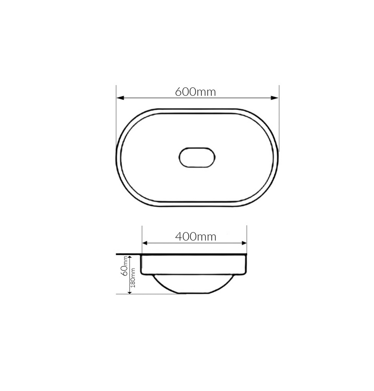 600*400*60/180 KROHLI Semi Insert Oval White Gloss Vanity Basin