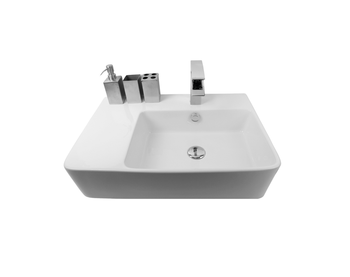 605*410*150 KROHLI Wall Hung Large Rectangle White Gloss Vanity Basin with Shelf & Overflow - Tap Provision