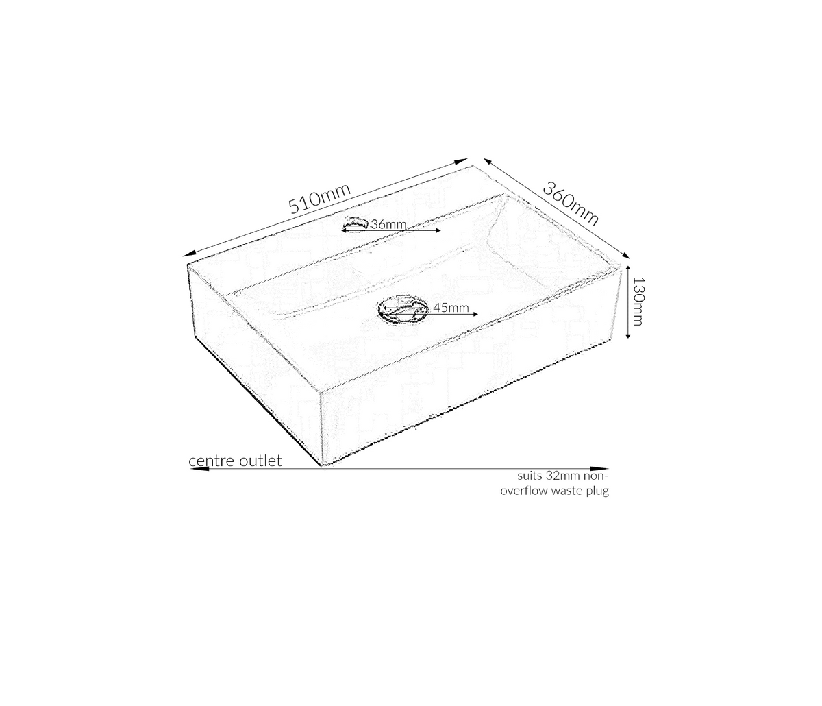 510*360*130 KROHLI Rectangle White Gloss Counter Basin - Tap Provision