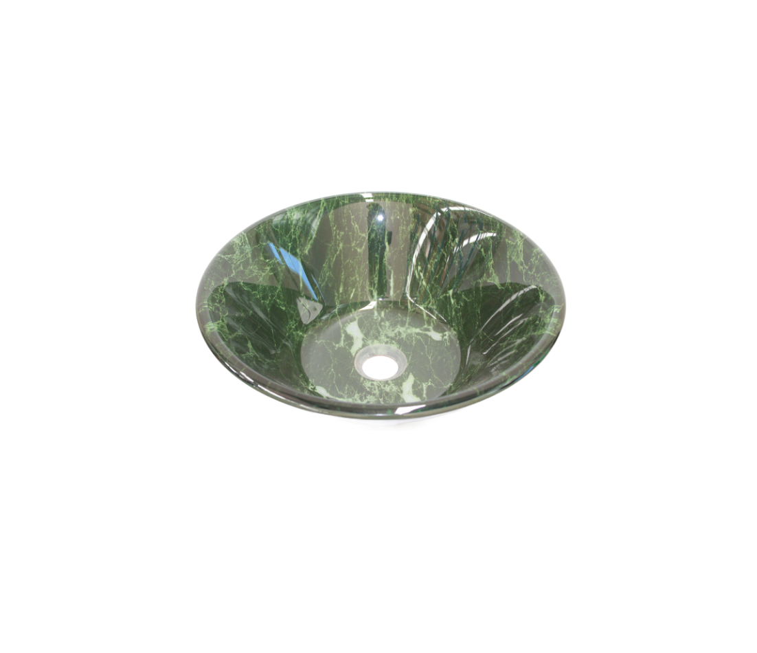 SHATTERED 420*140 Green Vein Marble Effect Tapered Round Double Layer Tempered Glass Countertop Vanity Basin