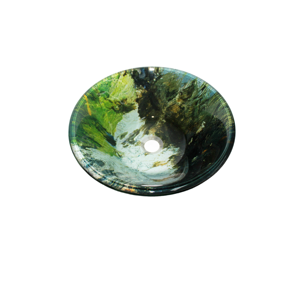 TIDAL 420*140 Green * White Vein Marble Effect Tapered Round Double Layer Tempered Glass Countertop Vanity Basin